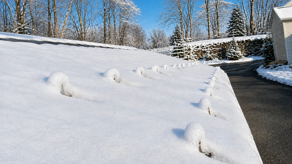 Snow-covered metal roof with roof spikes holding accumulated snow in place